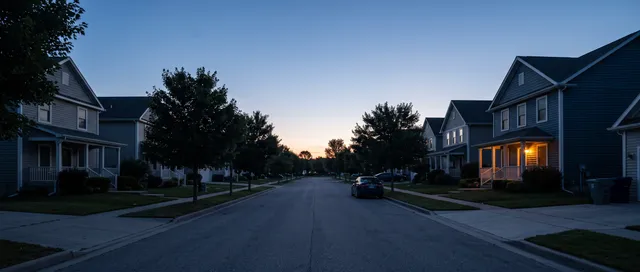 An American residential street at blue hour before sunrise, one porch light still on