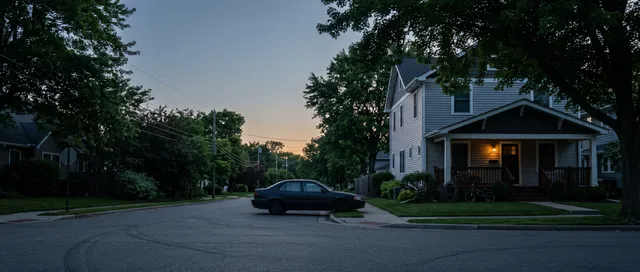 A clapboard house with a covered porch at blue hour, the lantern by its front door the only light